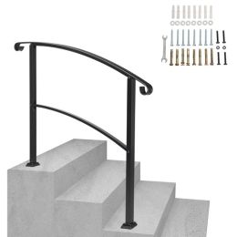 Artisasset Outdoor 1-4 Steps Adjustable Wrought Iron Handrails Black