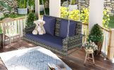 GO 2-Person Wicker Hanging Porch Swing with Chains; Cushion; Pillow; Rattan Swing Bench for Garden; Backyard; Pond. (Gray Wicker; Blue Cushion)