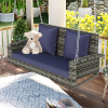 GO 2-Person Wicker Hanging Porch Swing with Chains; Cushion; Pillow; Rattan Swing Bench for Garden; Backyard; Pond. (Gray Wicker; Blue Cushion)