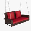 GO 2-Person Wicker Hanging Porch Swing with Chains; Cushion; Pillow; Rattan Swing Bench for Garden; Backyard; Pond. (Brown Wicker; Red Cushion)