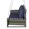 GO 2-Person Wicker Hanging Porch Swing with Chains; Cushion; Pillow; Rattan Swing Bench for Garden; Backyard; Pond. (Gray Wicker; Blue Cushion)