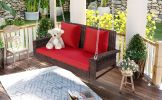 GO 2-Person Wicker Hanging Porch Swing with Chains; Cushion; Pillow; Rattan Swing Bench for Garden; Backyard; Pond. (Brown Wicker; Red Cushion)