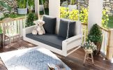 GO 2-Person Wicker Hanging Porch Swing with Chains; Cushion; Pillow; Rattan Swing Bench for Garden; Backyard; Pond. (White Wicker; Gray Cushion)