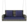 GO 2-Person Wicker Hanging Porch Swing with Chains; Cushion; Pillow; Rattan Swing Bench for Garden; Backyard; Pond. (Gray Wicker; Blue Cushion)