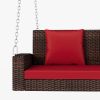 GO 2-Person Wicker Hanging Porch Swing with Chains; Cushion; Pillow; Rattan Swing Bench for Garden; Backyard; Pond. (Brown Wicker; Red Cushion)