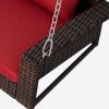 GO 2-Person Wicker Hanging Porch Swing with Chains; Cushion; Pillow; Rattan Swing Bench for Garden; Backyard; Pond. (Brown Wicker; Red Cushion)