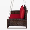 GO 2-Person Wicker Hanging Porch Swing with Chains; Cushion; Pillow; Rattan Swing Bench for Garden; Backyard; Pond. (Brown Wicker; Red Cushion)