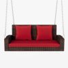 GO 2-Person Wicker Hanging Porch Swing with Chains; Cushion; Pillow; Rattan Swing Bench for Garden; Backyard; Pond. (Brown Wicker; Red Cushion)