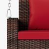 GO 2-Person Wicker Hanging Porch Swing with Chains; Cushion; Pillow; Rattan Swing Bench for Garden; Backyard; Pond. (Brown Wicker; Red Cushion)