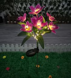 LED Solar Rose Orchid Flower Light Outdoor Garden Waterproof Simulation Lawn Lamp Wedding Party Christmas Decor Landscape Light (Emitting Color: 7 head orchid purple)