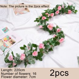 2pcs Fake Rose Vine Flowers Garland Plant Artificial Flower Wall Hanging Flower Rattan Fake Plant Leaf Wedding Home Garden Decor (Color: Pink)