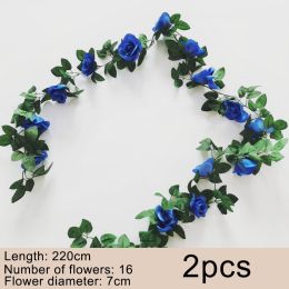 2pcs Fake Rose Vine Flowers Garland Plant Artificial Flower Wall Hanging Flower Rattan Fake Plant Leaf Wedding Home Garden Decor (Color: Blue)