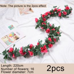 2pcs Fake Rose Vine Flowers Garland Plant Artificial Flower Wall Hanging Flower Rattan Fake Plant Leaf Wedding Home Garden Decor (Color: rose red)