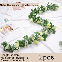 2pcs Fake Rose Vine Flowers Garland Plant Artificial Flower Wall Hanging Flower Rattan Fake Plant Leaf Wedding Home Garden Decor (Color: White)