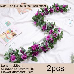 2pcs Fake Rose Vine Flowers Garland Plant Artificial Flower Wall Hanging Flower Rattan Fake Plant Leaf Wedding Home Garden Decor (Color: Purple)