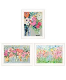 "Garden Flowers III" 3-Piece Vignette By Kait Roberts; Ready to Hang Framed Print; White Frame (Color: as Pic)