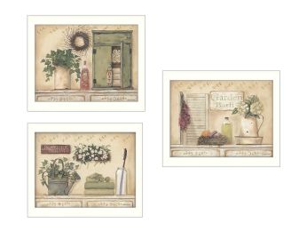 "Garden Bath Collection" 3-Piece Vignette By Pam Britton; Printed Wall Art; Ready To Hang Framed Poster; White Frame (Color: as Pic)