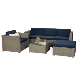 Outdoor Garden Patio Furniture 6-Piece Brown PE Rattan Wicker Sectional  Cushioned Sofa Sets (Color: Gray)