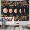 Moonlit Garden Tapestry, Moon Phase Tapestries Flower Vine Tapestry Black Background Tapestry