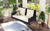 2-Person Wicker Hanging Porch Swing with Chains; Cushion; Pillow; Rattan Swing Bench for Garden; Backyard; Pond. (Brown Wicker; Beige Cushion)